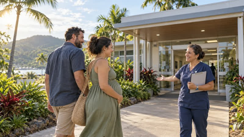 AI-generated editorial illustration of a fictional pregnant couple being welcomed to a tropical regional hospital