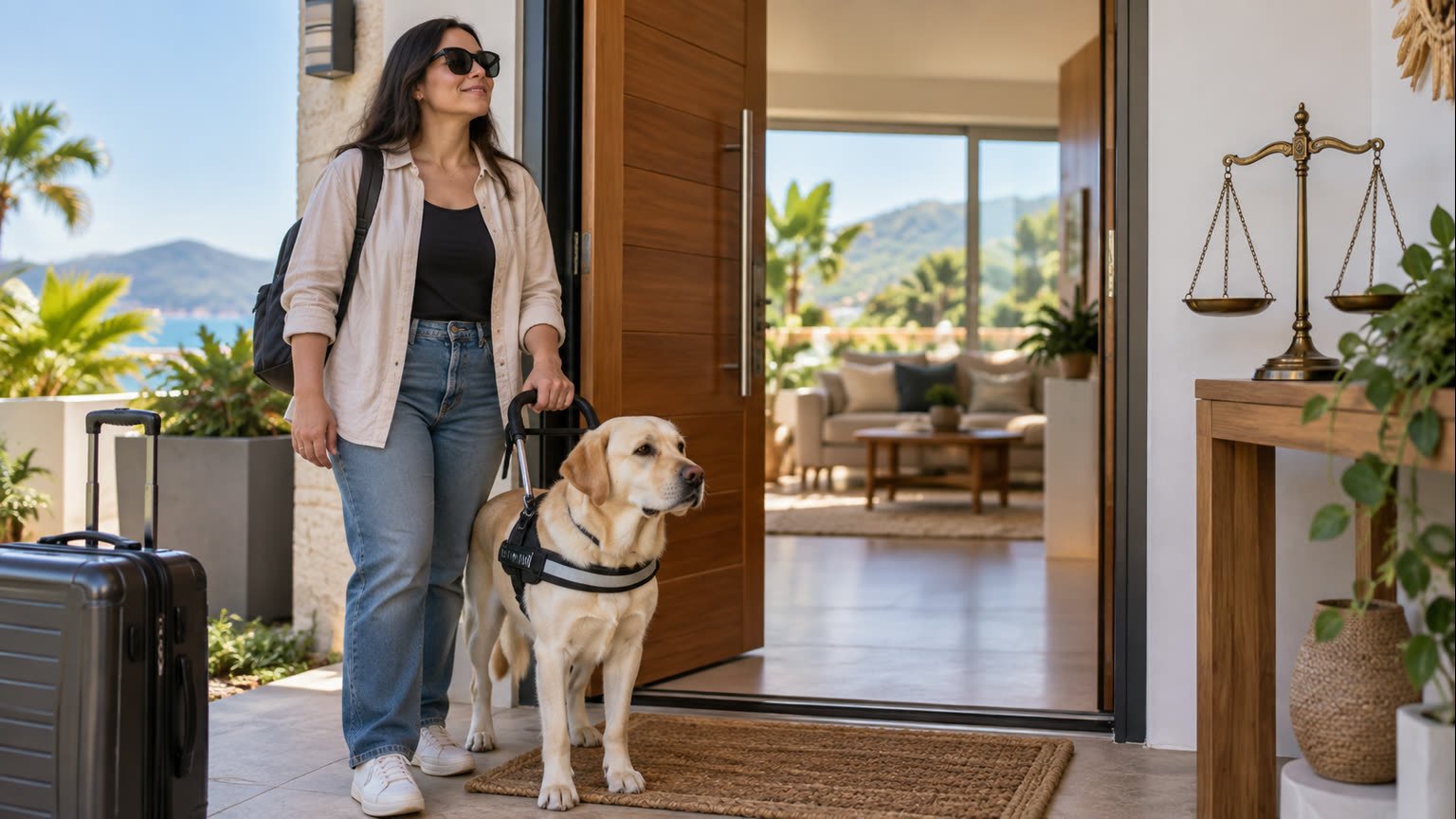 AI-generated editorial illustration of a fictional guide-dog user arriving at accessible short-stay accommodation in Queensland