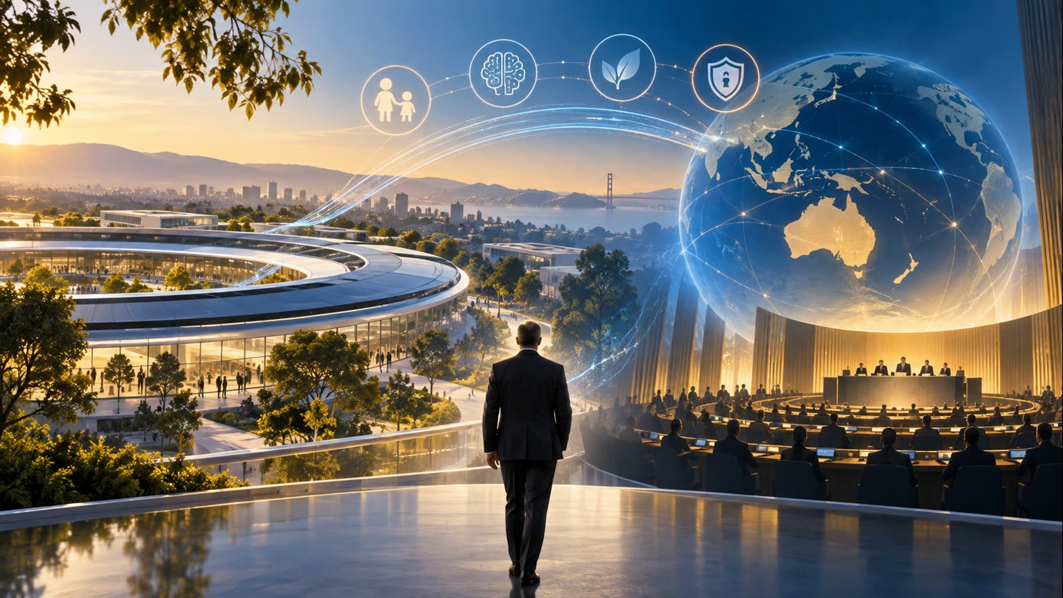 AI-generated symbolic editorial illustration linking a generic California technology campus with multilateral global talks