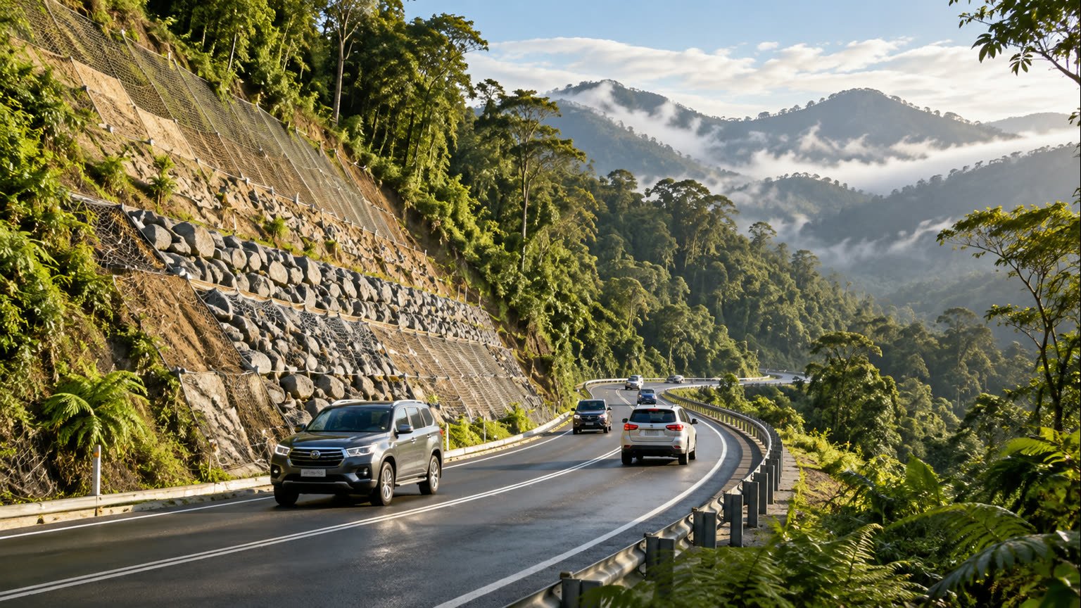 AI-generated editorial illustration of two-way traffic passing a repaired tropical mountain road slope in Far North Queensland