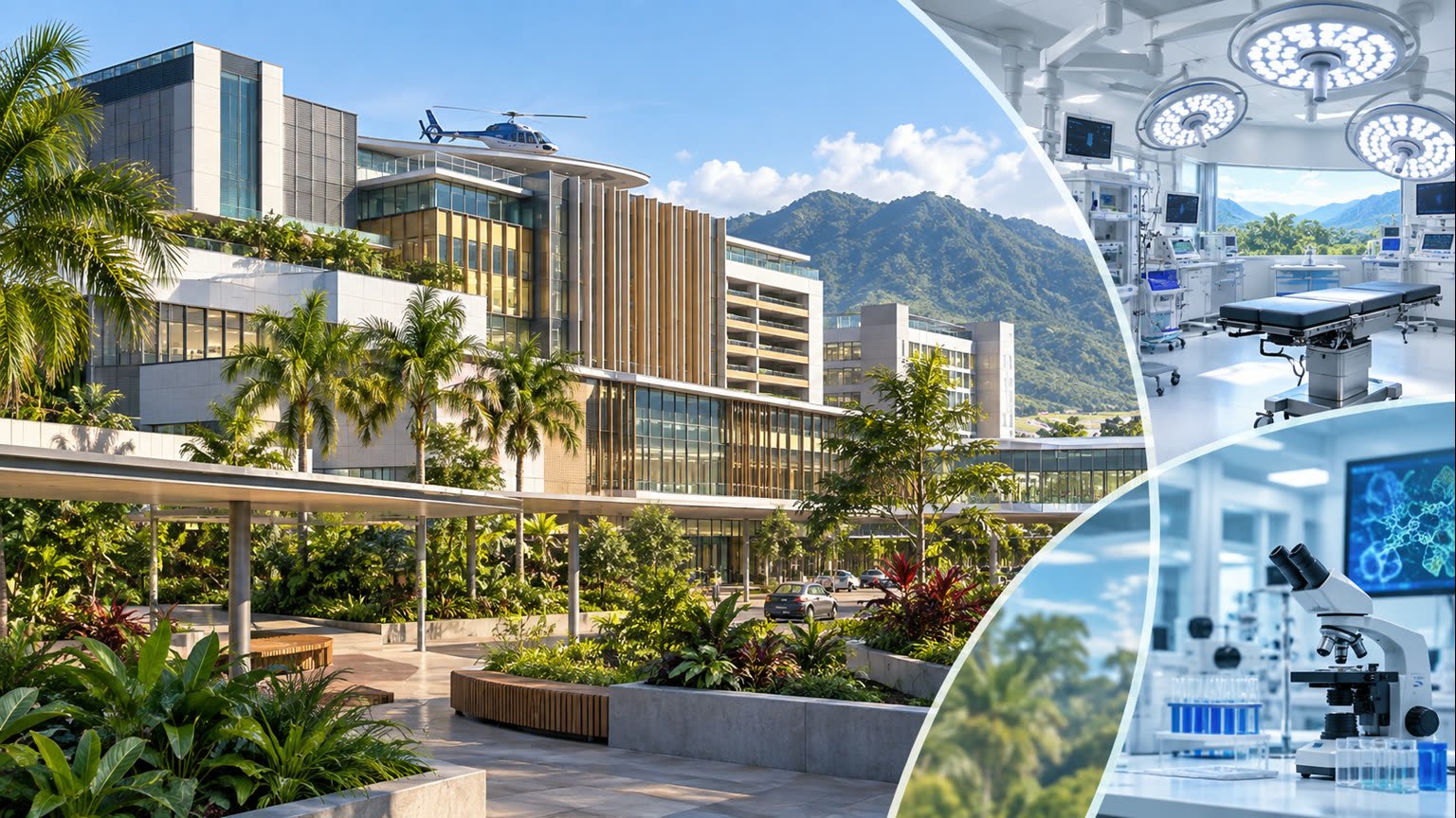 AI-generated editorial illustration of a modern tropical hospital precinct with surgical and clinical research facilities