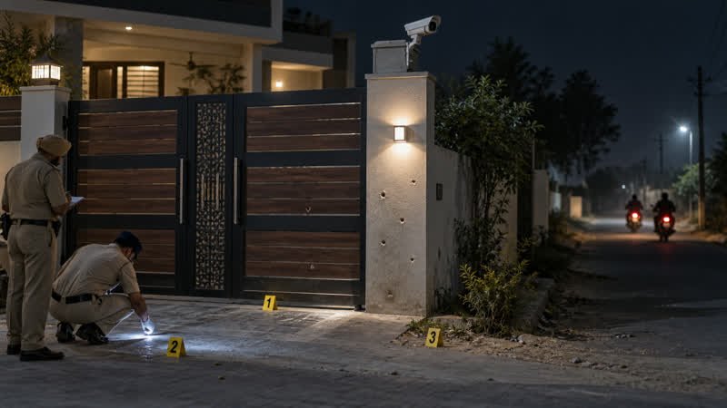 AI-generated editorial illustration of police examining a bullet-damaged residential gate and CCTV camera at night in Punjab.