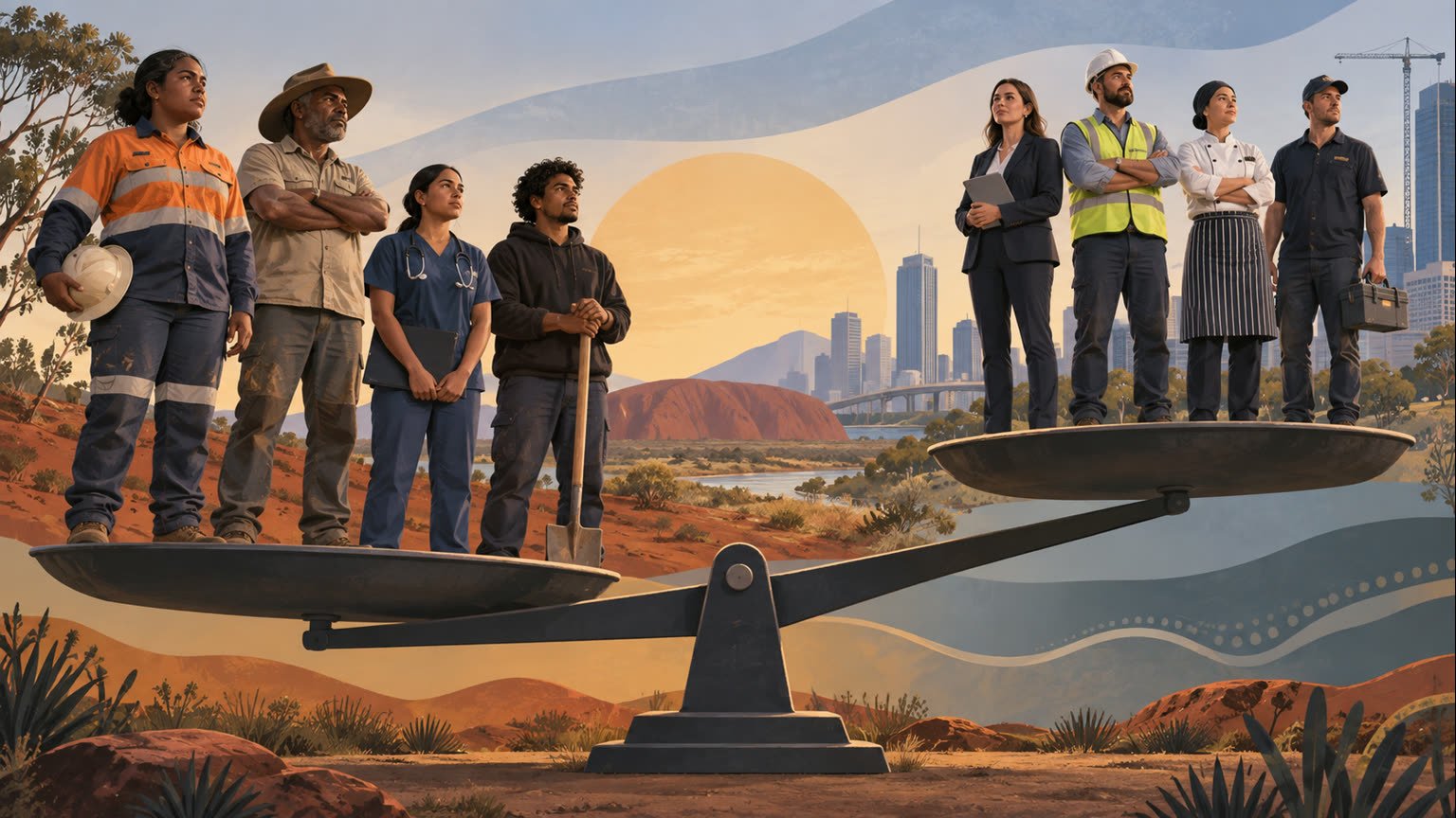 AI-generated editorial illustration of diverse Australian workers balanced on an uneven wage scale across regional and urban workplaces