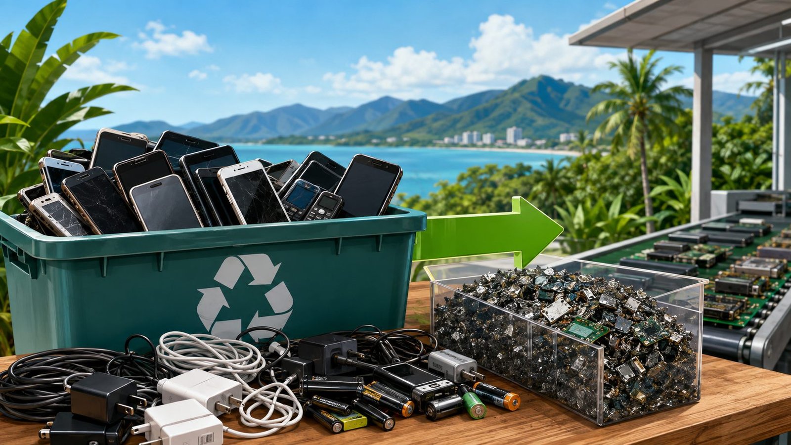 AI-generated editorial illustration of old mobile phones, chargers and batteries entering an electronics recycling stream in tropical Cairns