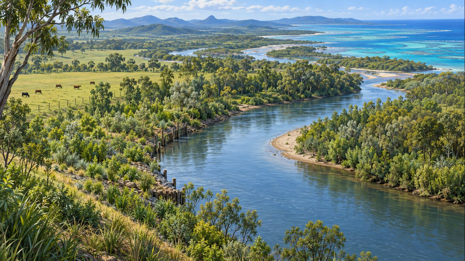 AI-generated editorial illustration of a restored Mary River catchment with revegetated banks and erosion-control pile fields
