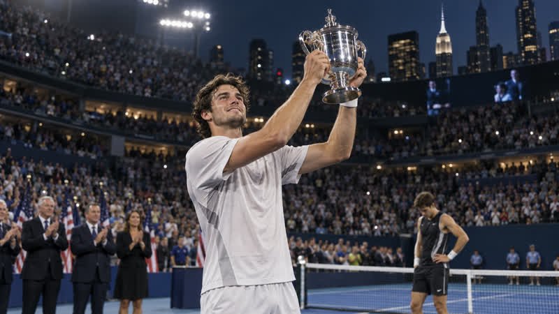 AI-generated editorial illustration of a fictional men tennis champion lifting a trophy in a New York-style stadium.