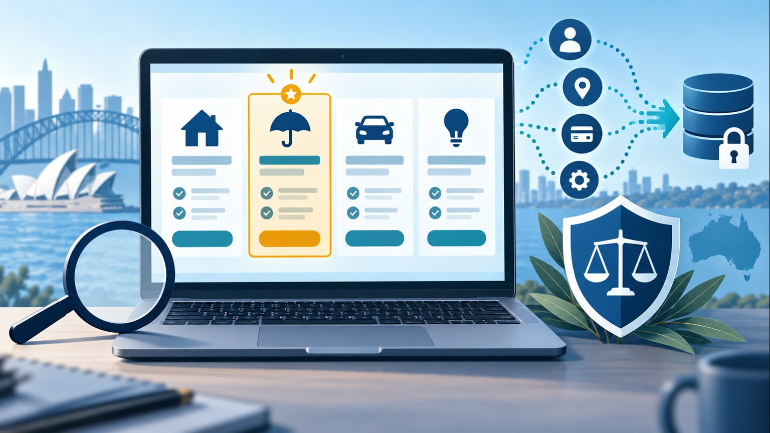AI-generated consumer-protection illustration of a generic comparison website, promoted result and privacy-data pathway
