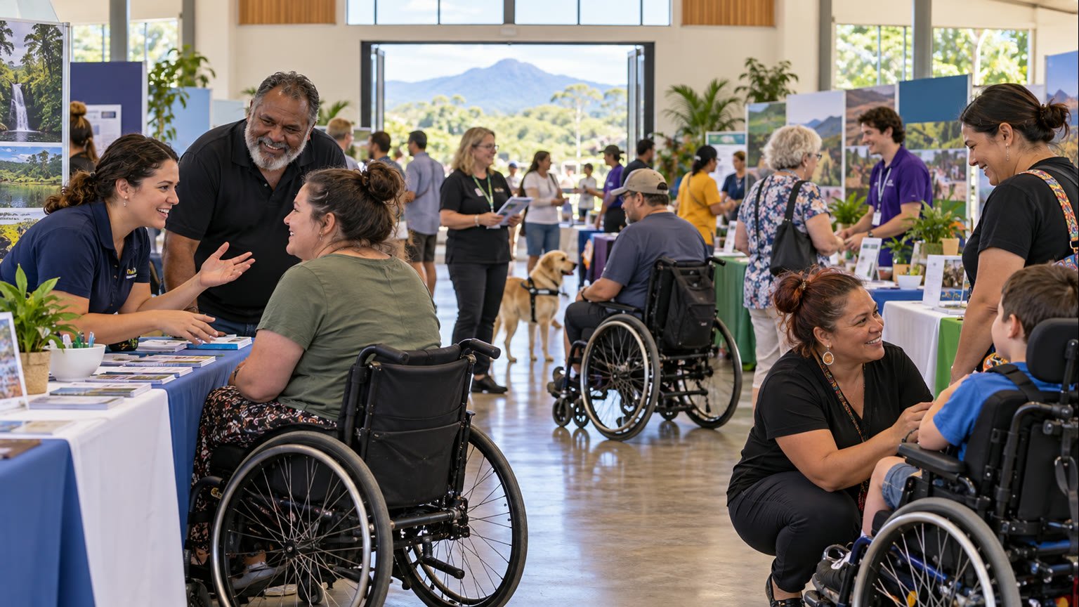 AI-generated editorial illustration of fictional attendees, carers and service providers meeting at an accessible community disability expo in Far North Queensland