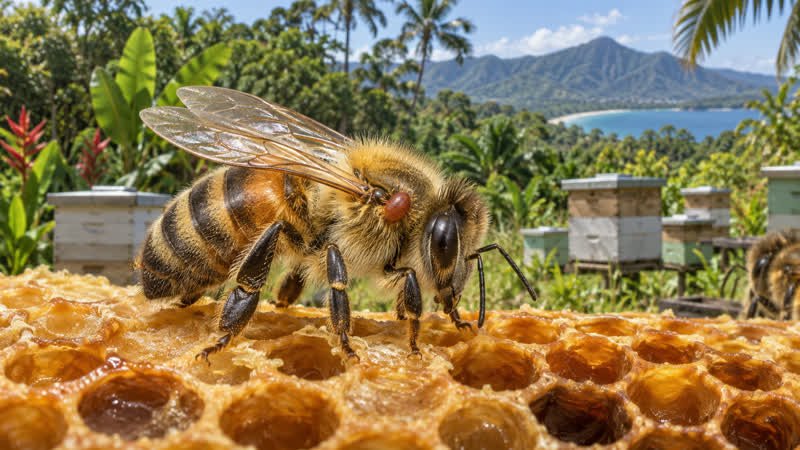AI-generated scientific editorial illustration of a honey bee with a varroa mite in a tropical Far North Queensland apiary.