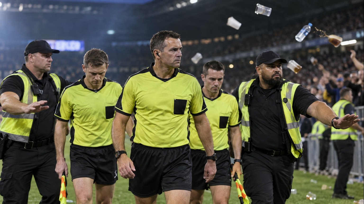 AI-generated editorial illustration of fictional rugby league officials protected by security as objects land near the sideline