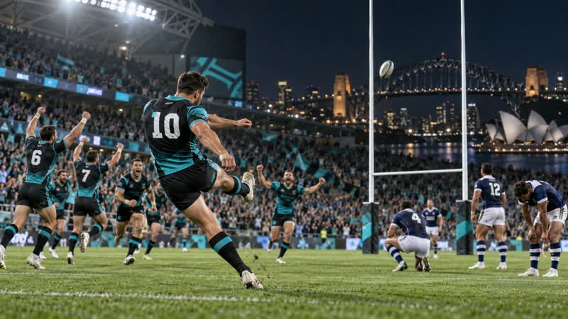 AI-generated editorial illustration of fictional teal-and-black rugby league players celebrating a knockout-final victory.