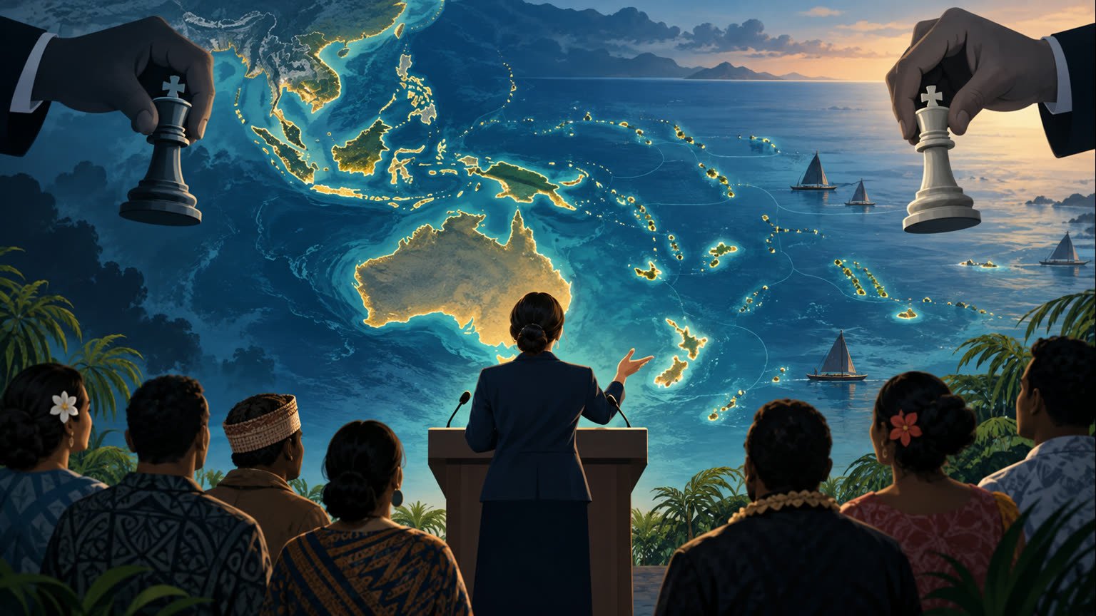 AI-generated geopolitical illustration of Indo-Pacific nations addressing diplomacy while chess pieces remain outside the region