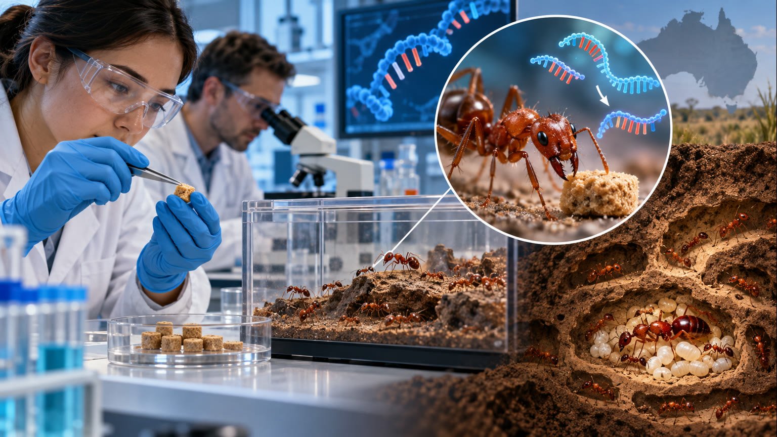 AI-generated editorial illustration of fictional biosecurity scientists testing RNA interference bait with fire ants in a secure laboratory