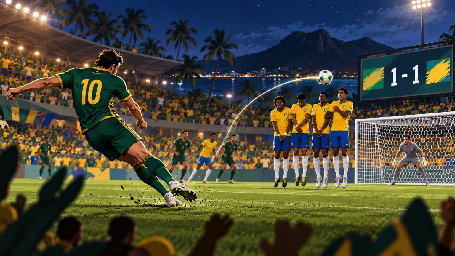 AI-generated editorial illustration of a generic Australian footballer taking a free kick against a generic Brazilian defensive wall at night