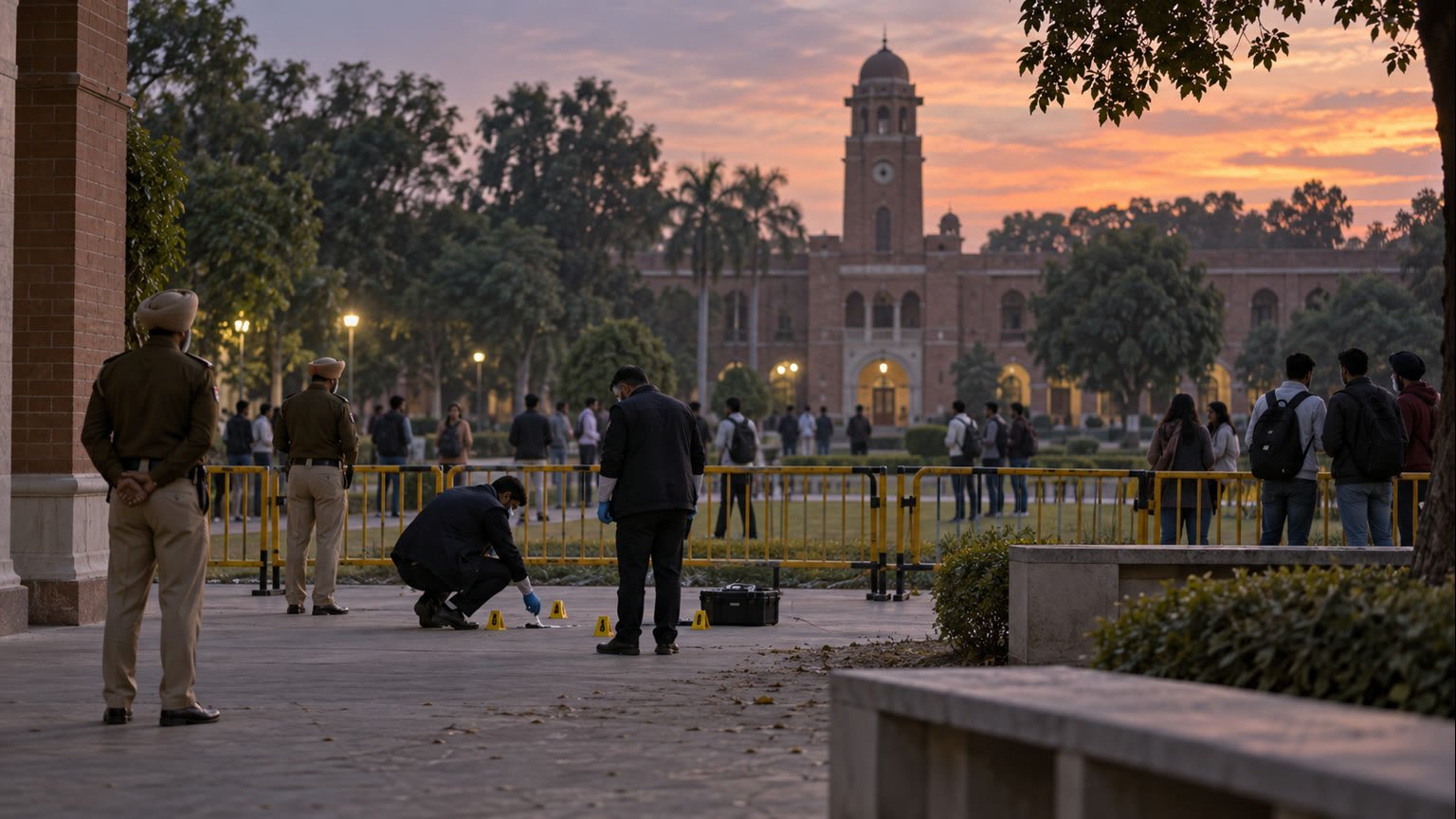 AI-generated neutral editorial illustration of a generic Punjab university campus with anonymous students, police barriers and investigators after unrest