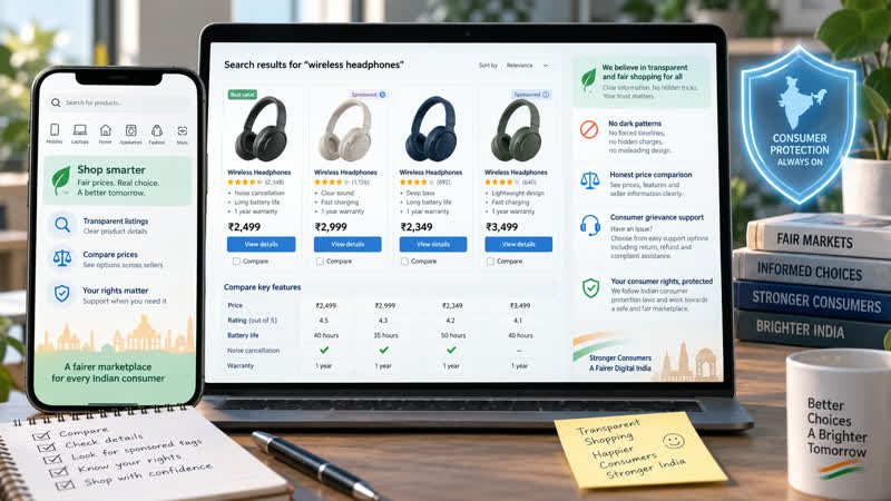 AI-generated editorial illustration of transparent online shopping, sponsored listings and consumer protection controls.