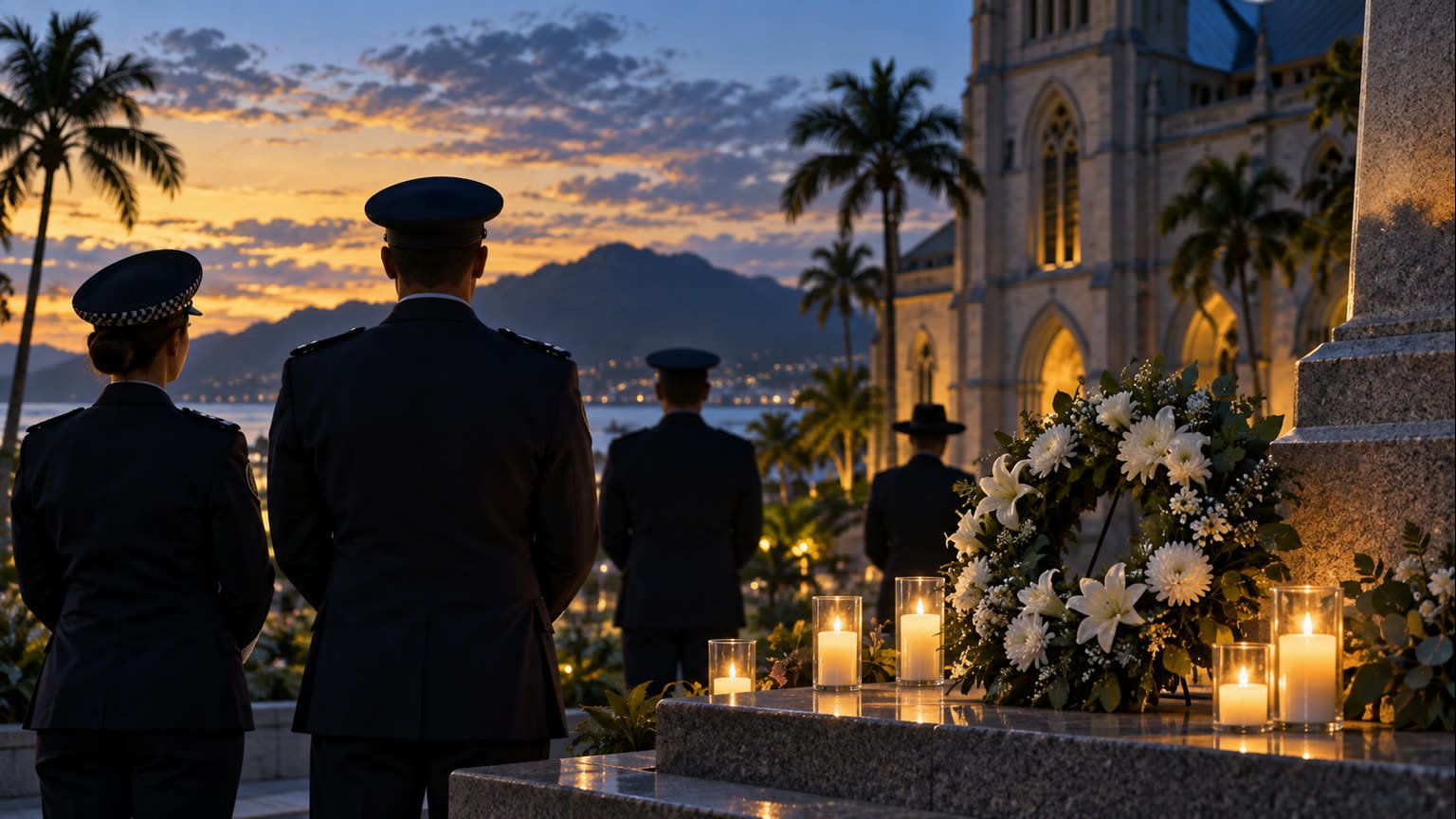 AI-generated symbolic editorial illustration of a police remembrance ceremony with a wreath and candles in tropical Cairns