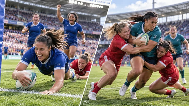 AI-generated editorial illustration of fictional women rugby league players competing in two Australian stadium matches.