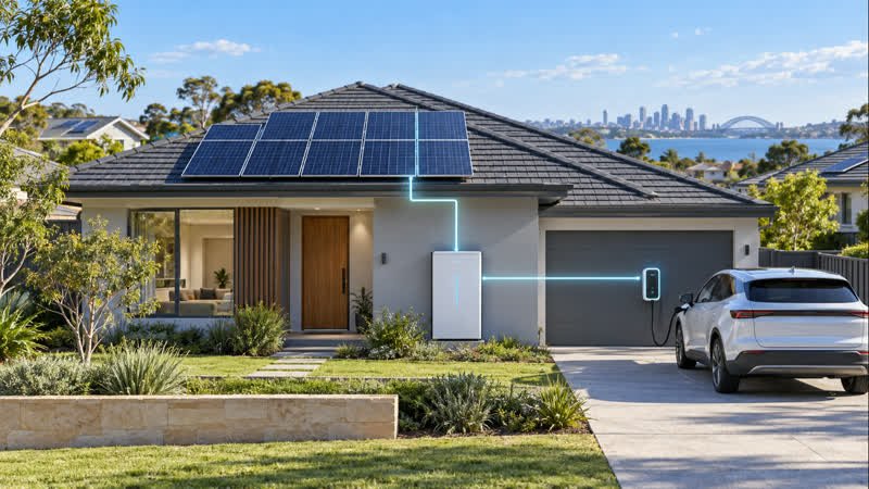 AI-generated editorial illustration of an Australian home with rooftop solar, a battery and an electric-vehicle charger