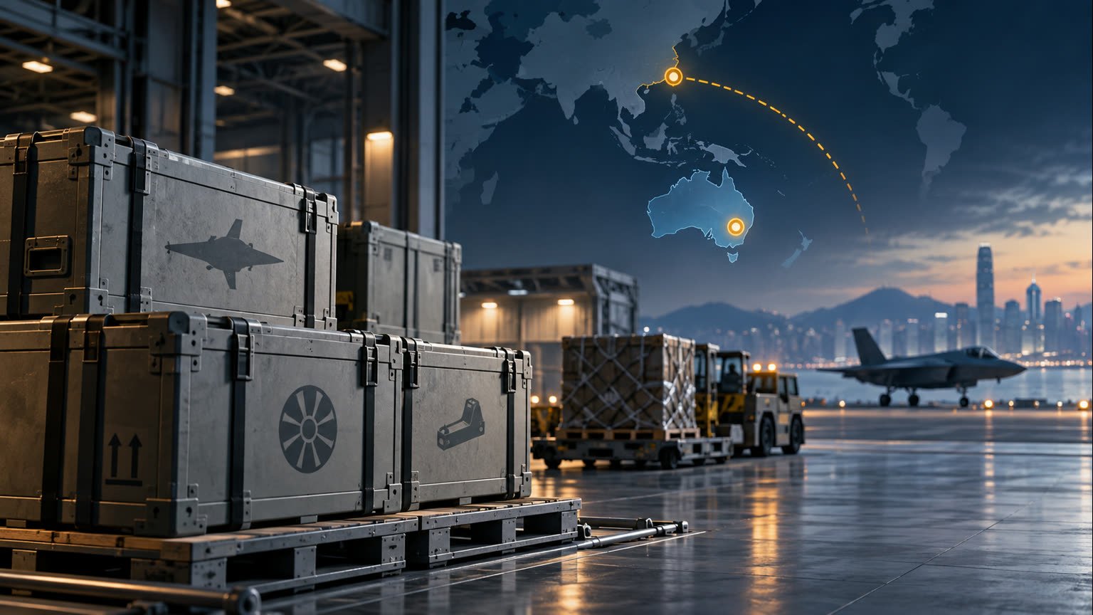 AI-generated editorial illustration of generic aircraft-component crates and an abstract shipping route from Australia to Hong Kong