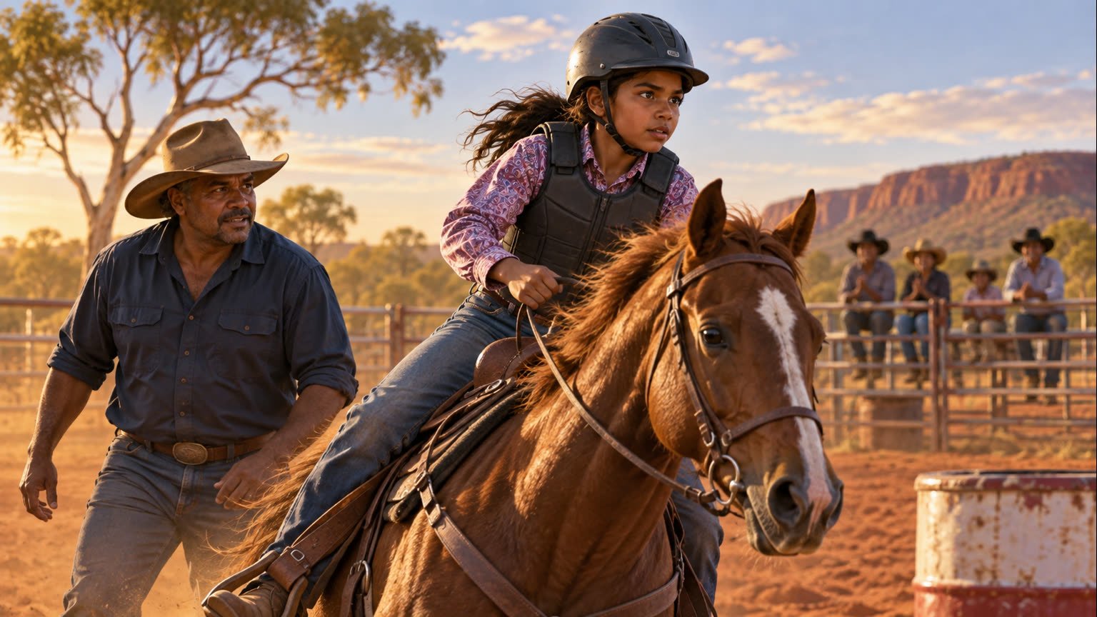 AI-generated editorial illustration of a fictional young Indigenous Australian cowgirl training safely with an adult coach in a generic outback arena