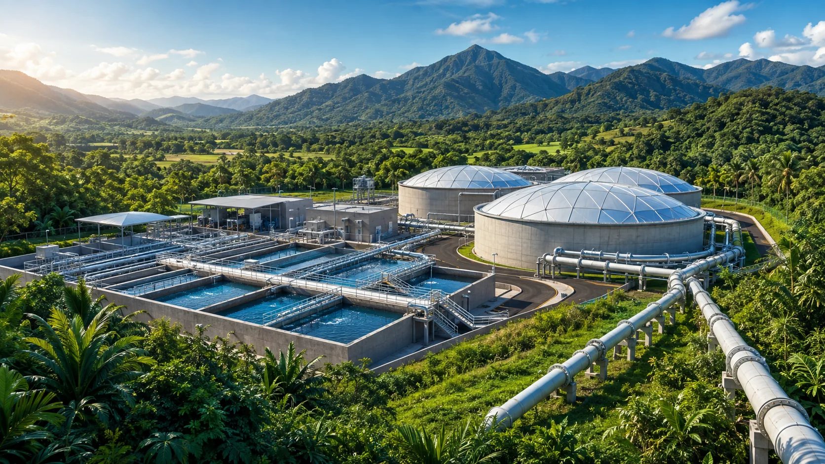 AI-generated editorial illustration of water treatment infrastructure and pipelines in a tropical Cairns landscape