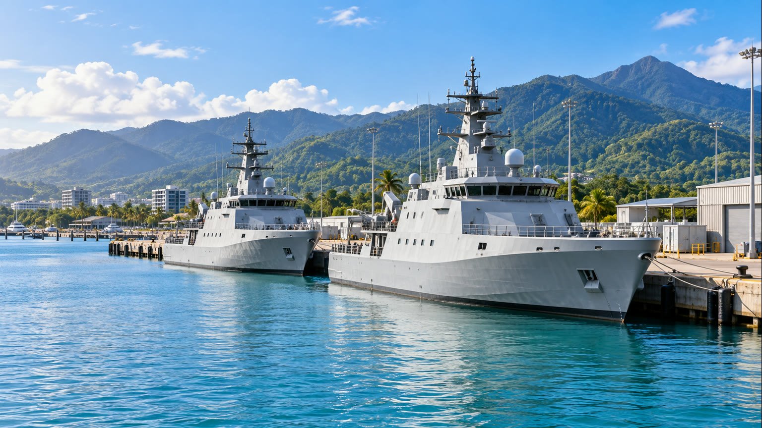 AI-generated editorial illustration of two generic offshore patrol vessels berthed in a tropical Cairns harbour