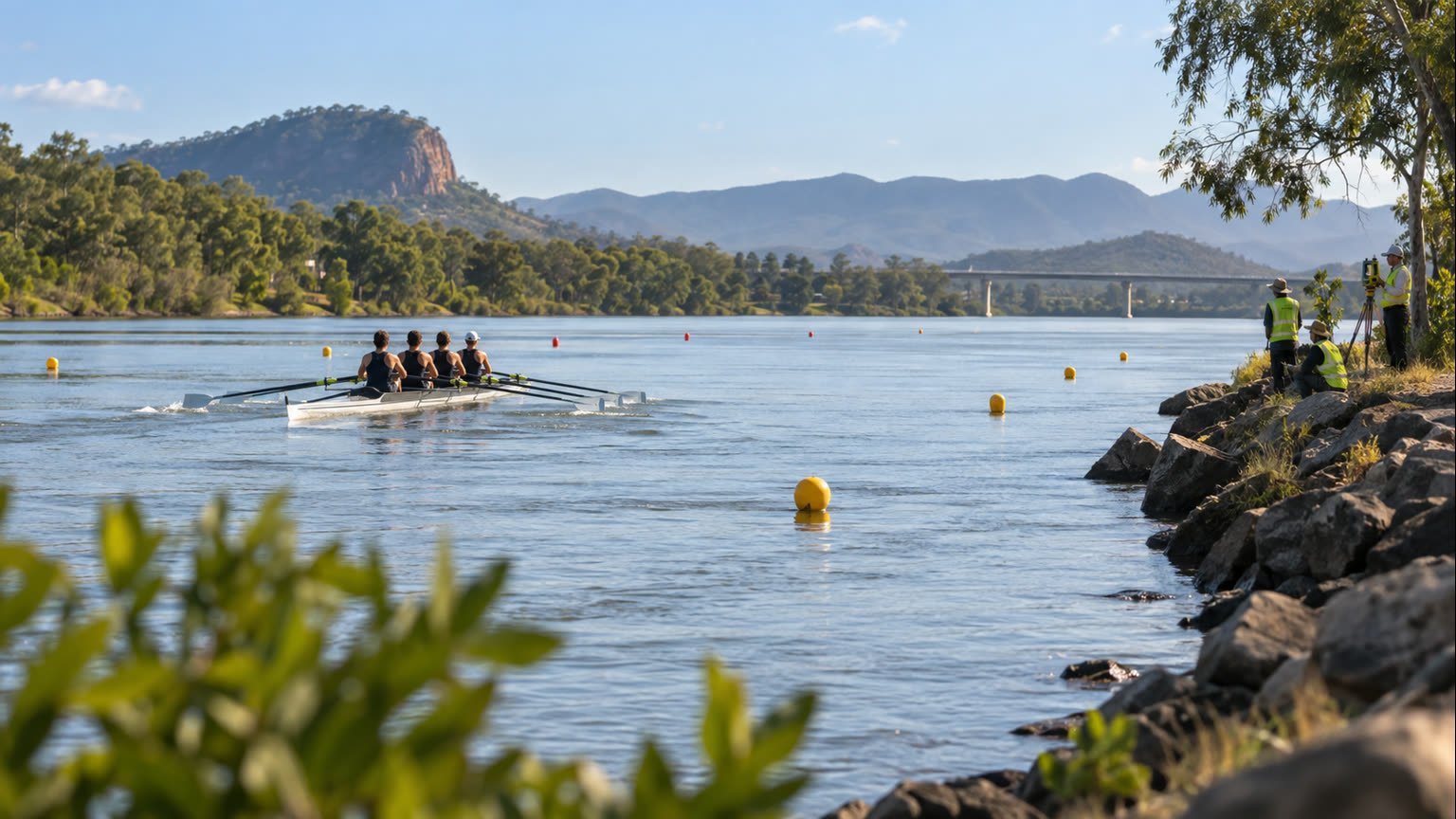 AI-generated editorial illustration of fictional rowers and surveyors assessing a generic Queensland river course