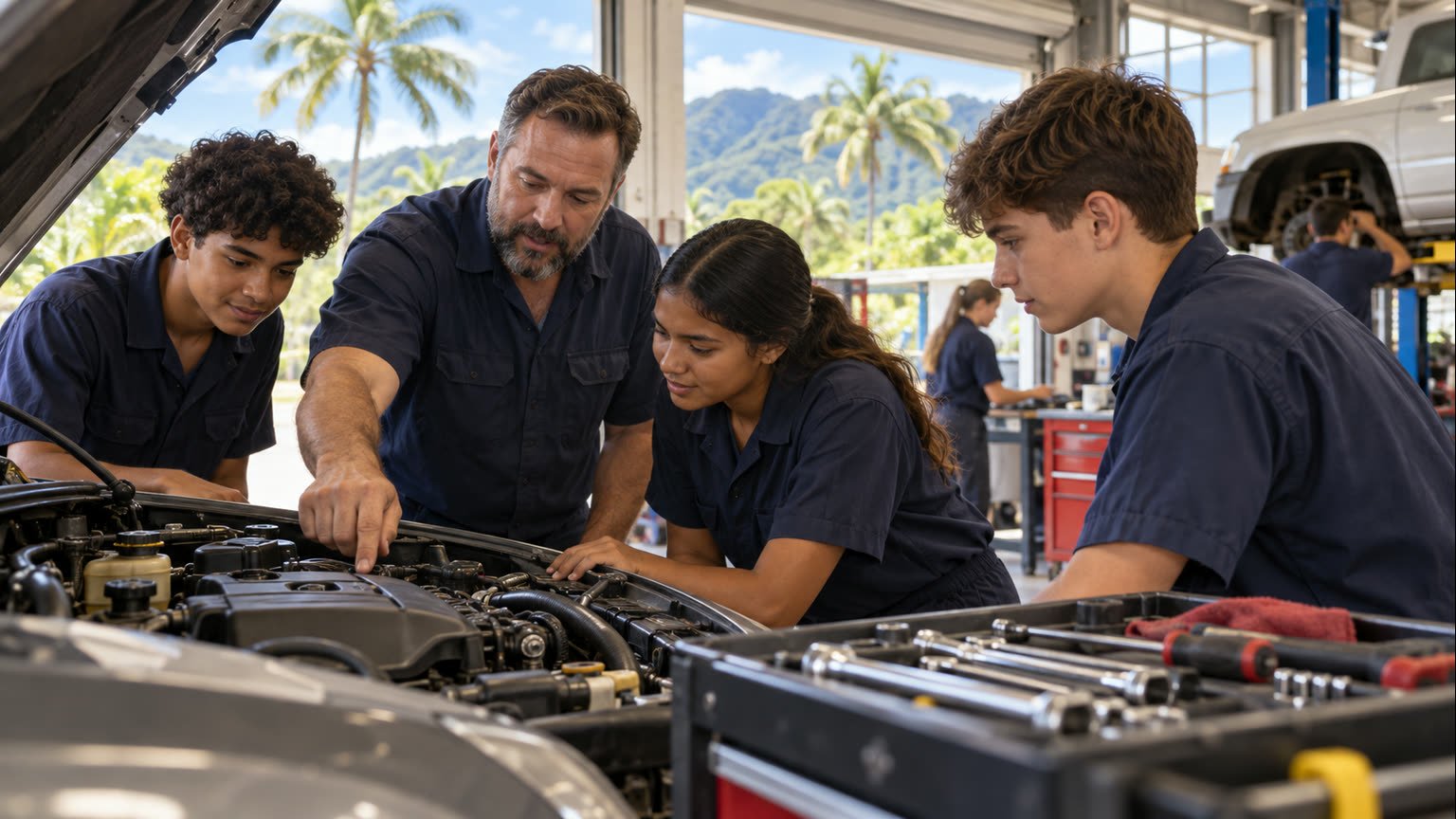 AI-generated editorial illustration of fictional young trainees learning automotive mechanics in a tropical Cairns workshop