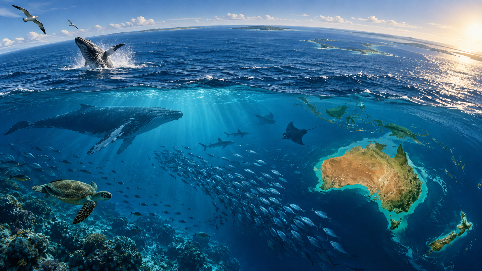 AI-generated editorial illustration of marine life in the high seas beside a map-like view of Australia and the Pacific