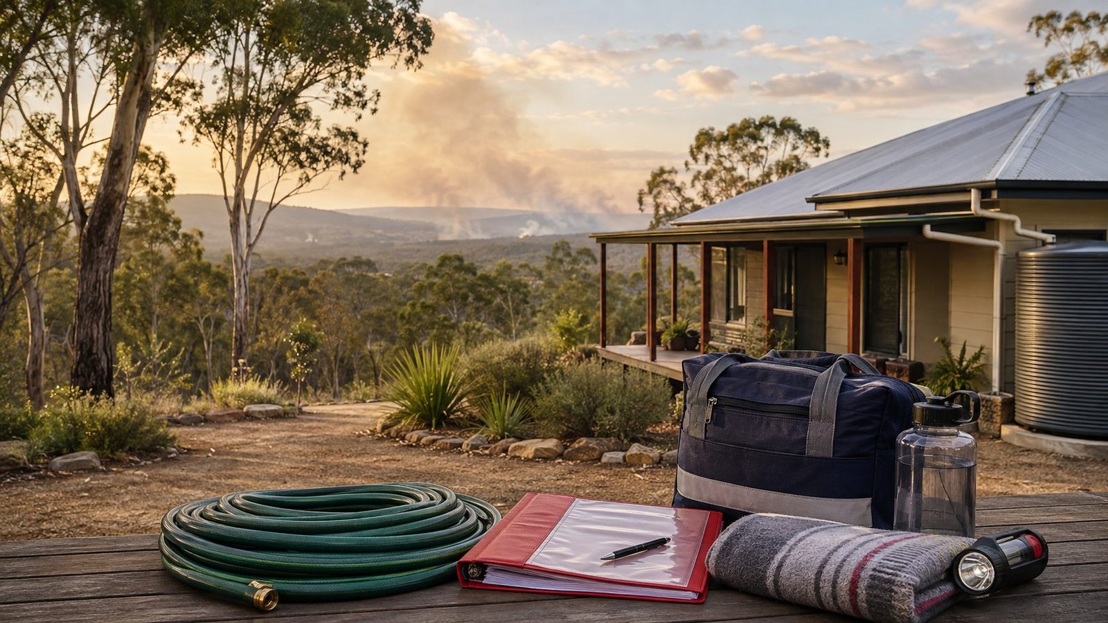 AI-generated editorial illustration of a prepared Queensland home with a hose, emergency plan and go-bag near bushland