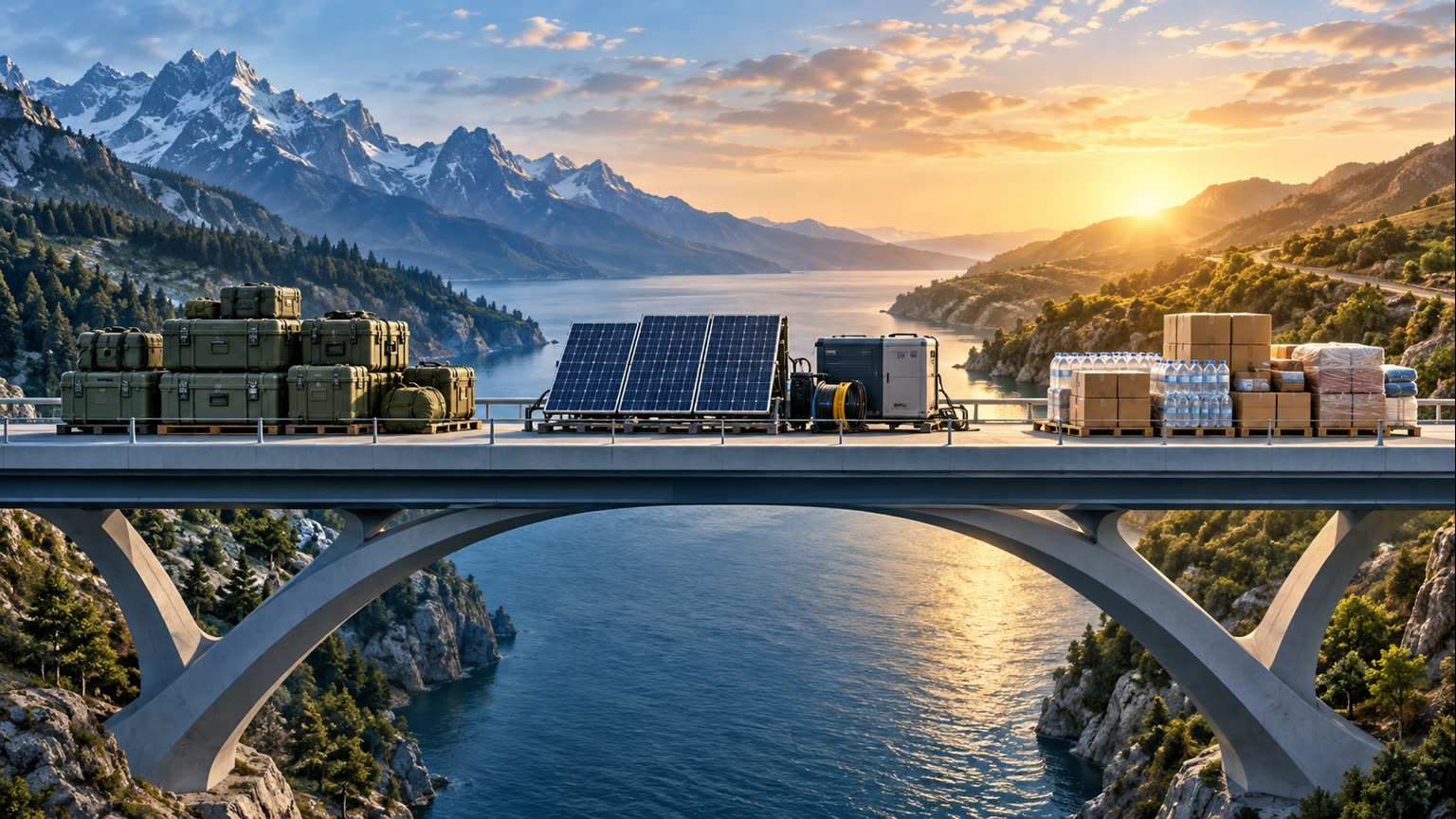 AI-generated editorial illustration of defence, energy and humanitarian supplies arranged on a symbolic bridge between two partner nations