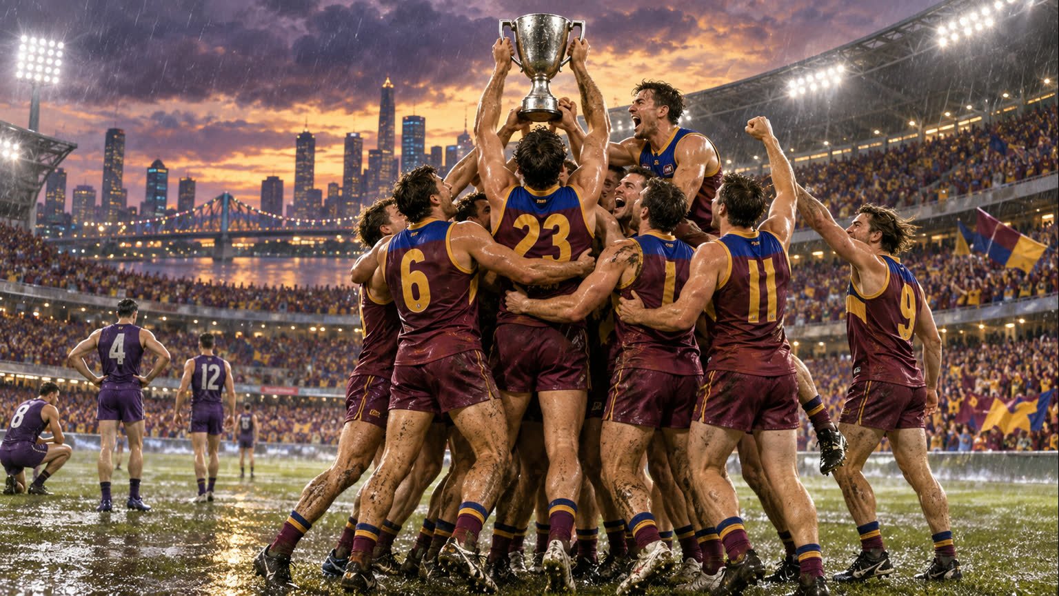 AI-generated editorial illustration of anonymous maroon blue and gold Australian rules footballers celebrating a premiership in a rain-dampened stadium