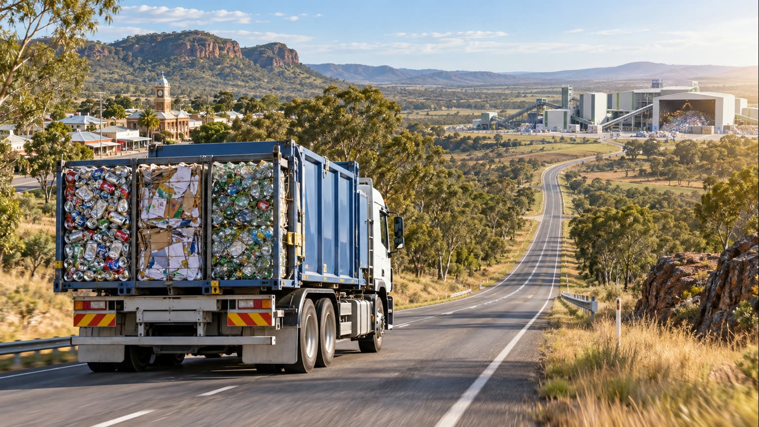 AI-generated editorial illustration of a truck carrying contained household recyclables along a long regional Queensland highway to a processing facility