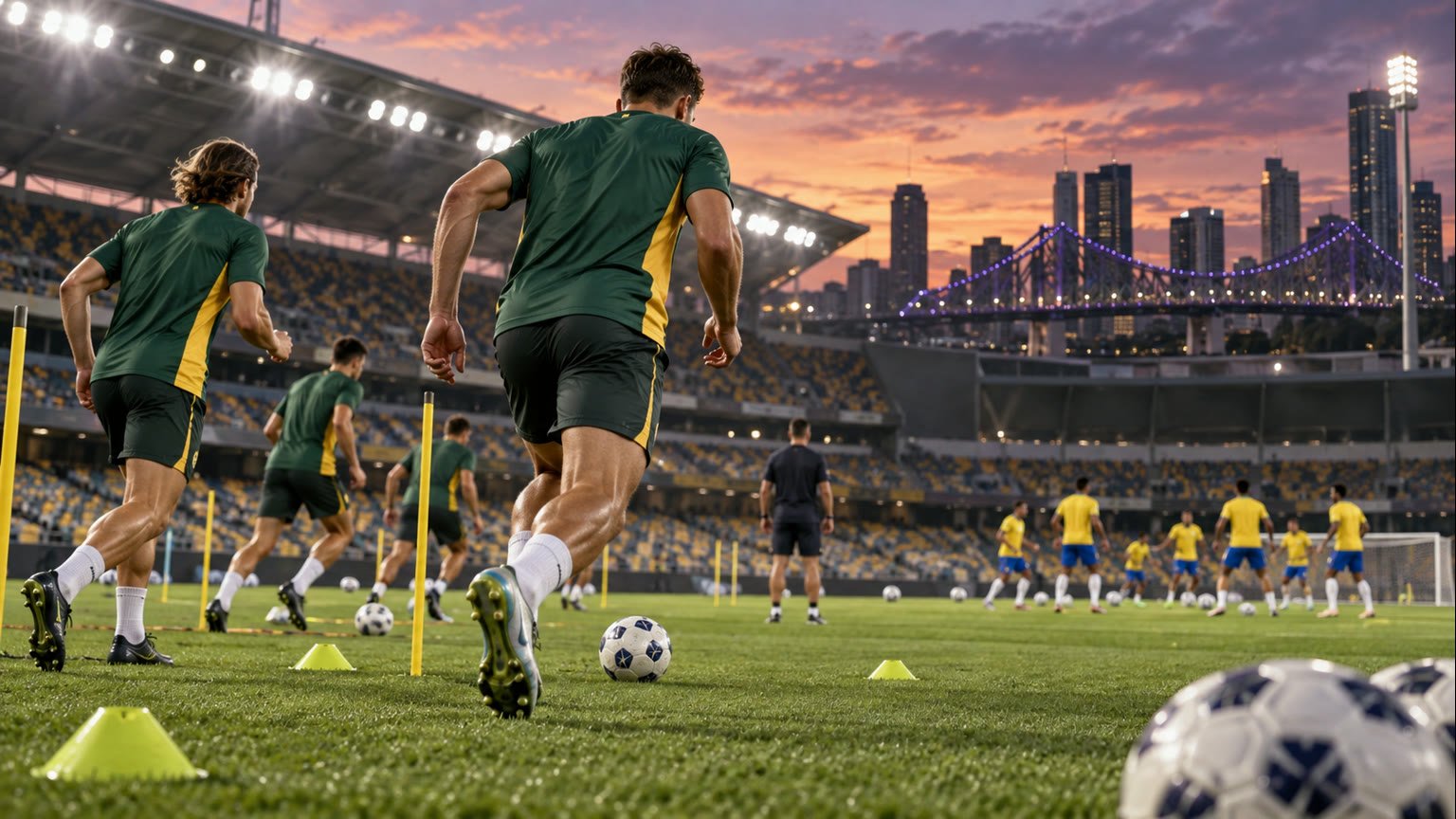 AI-generated editorial illustration of anonymous Australian and Brazilian footballers training at a generic Brisbane stadium before an international rematch