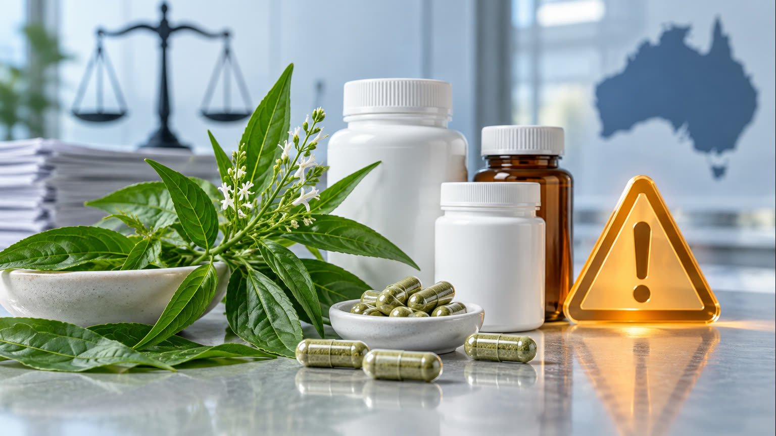 AI-generated consumer-safety illustration of andrographis leaves, generic supplement containers and an amber warning symbol