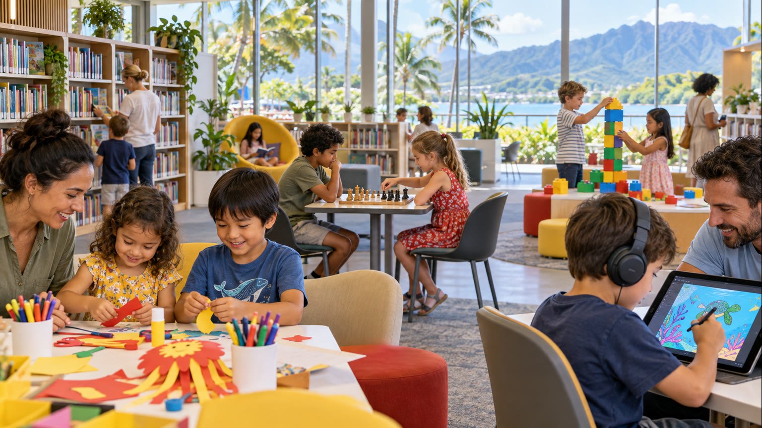 AI-generated editorial illustration of fictional families taking part in crafts, chess and digital-art activities inside a tropical public library