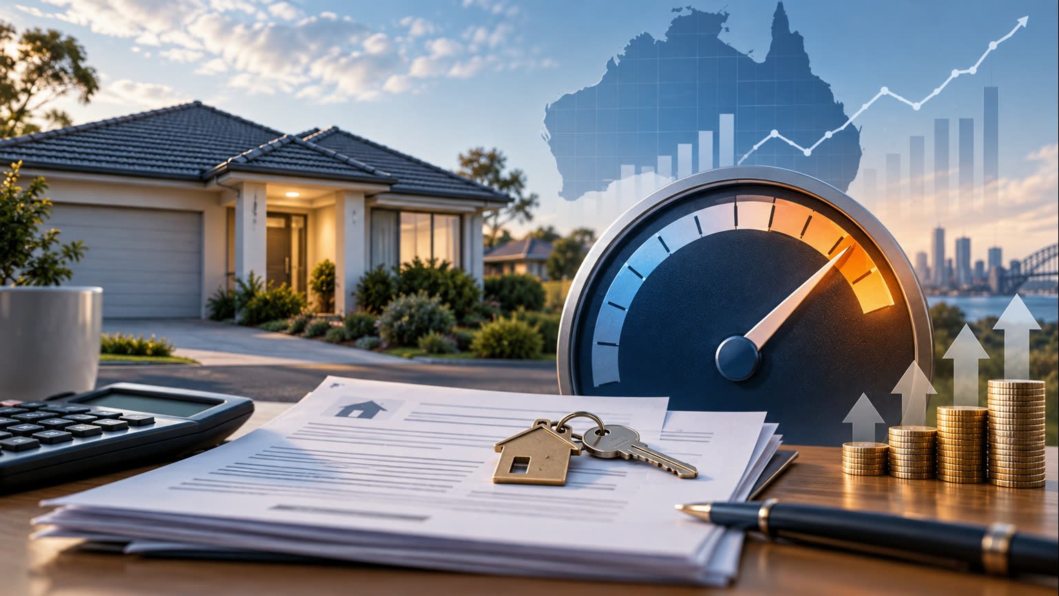 AI-generated business illustration of a generic Australian home, mortgage papers and an unlabeled rising rate gauge