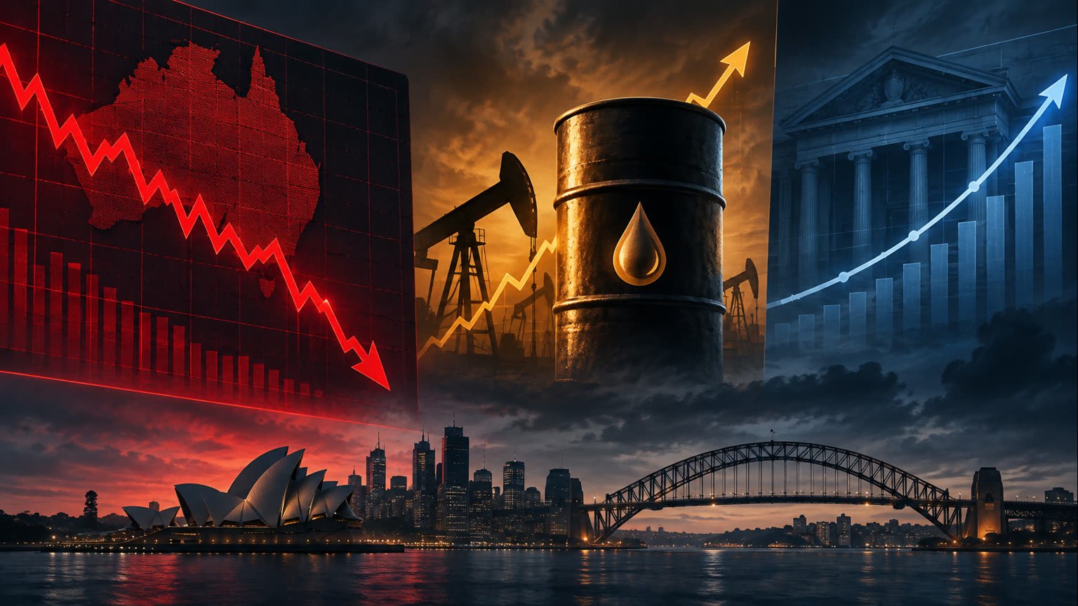 AI-generated financial editorial illustration showing Australian shares falling while oil prices and bond yields rise