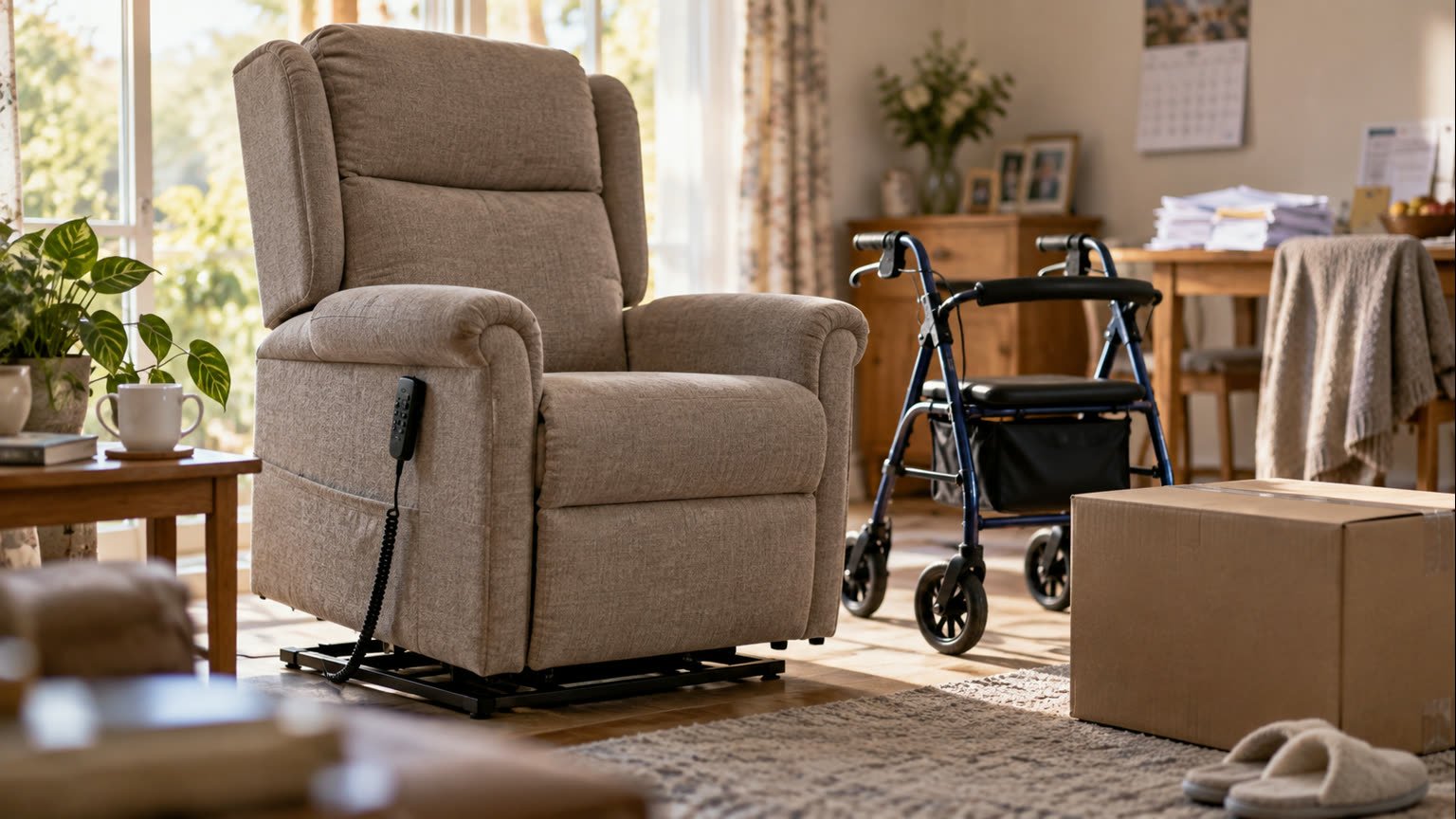 AI-generated editorial illustration of an empty lift chair, mobility aid and unopened delivery box in a generic Australian home