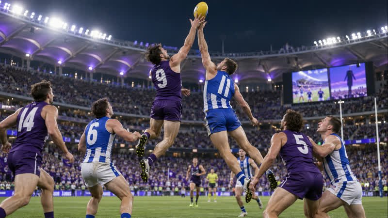 AI-generated editorial illustration of fictional purple and blue-and-white teams contesting an Australian rules football final