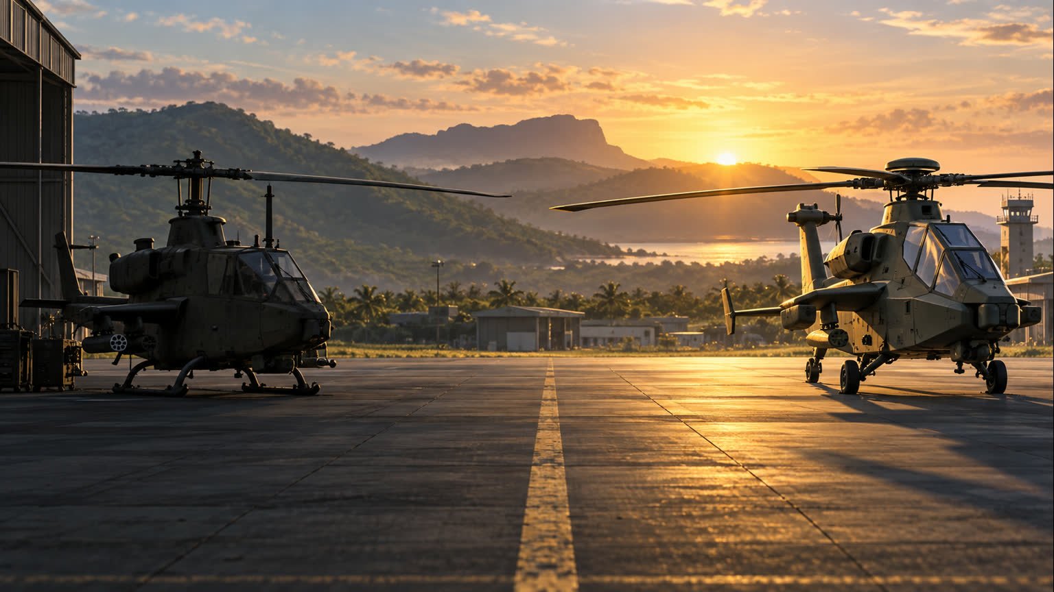 AI-generated editorial illustration of two generic military helicopters representing an Australian Army aviation transition at a northern airfield