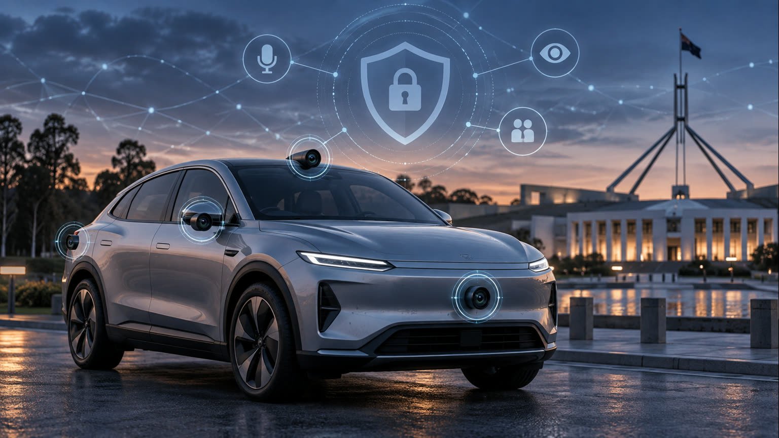 AI-generated conceptual illustration of an unbranded connected electric vehicle with camera and privacy-security symbols