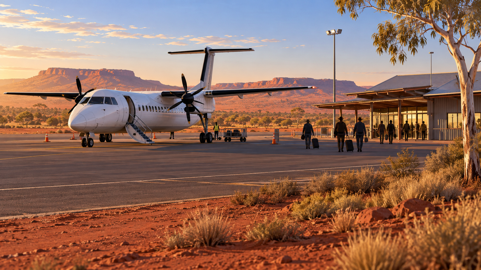 AI-generated editorial illustration of a generic turboprop aircraft at an outback Queensland regional airport