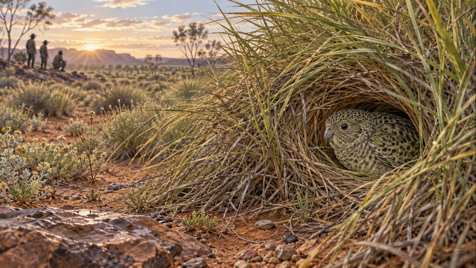 AI-generated natural-history illustration of a juvenile night parrot camouflaged inside old-growth spinifex in a Western Australian desert