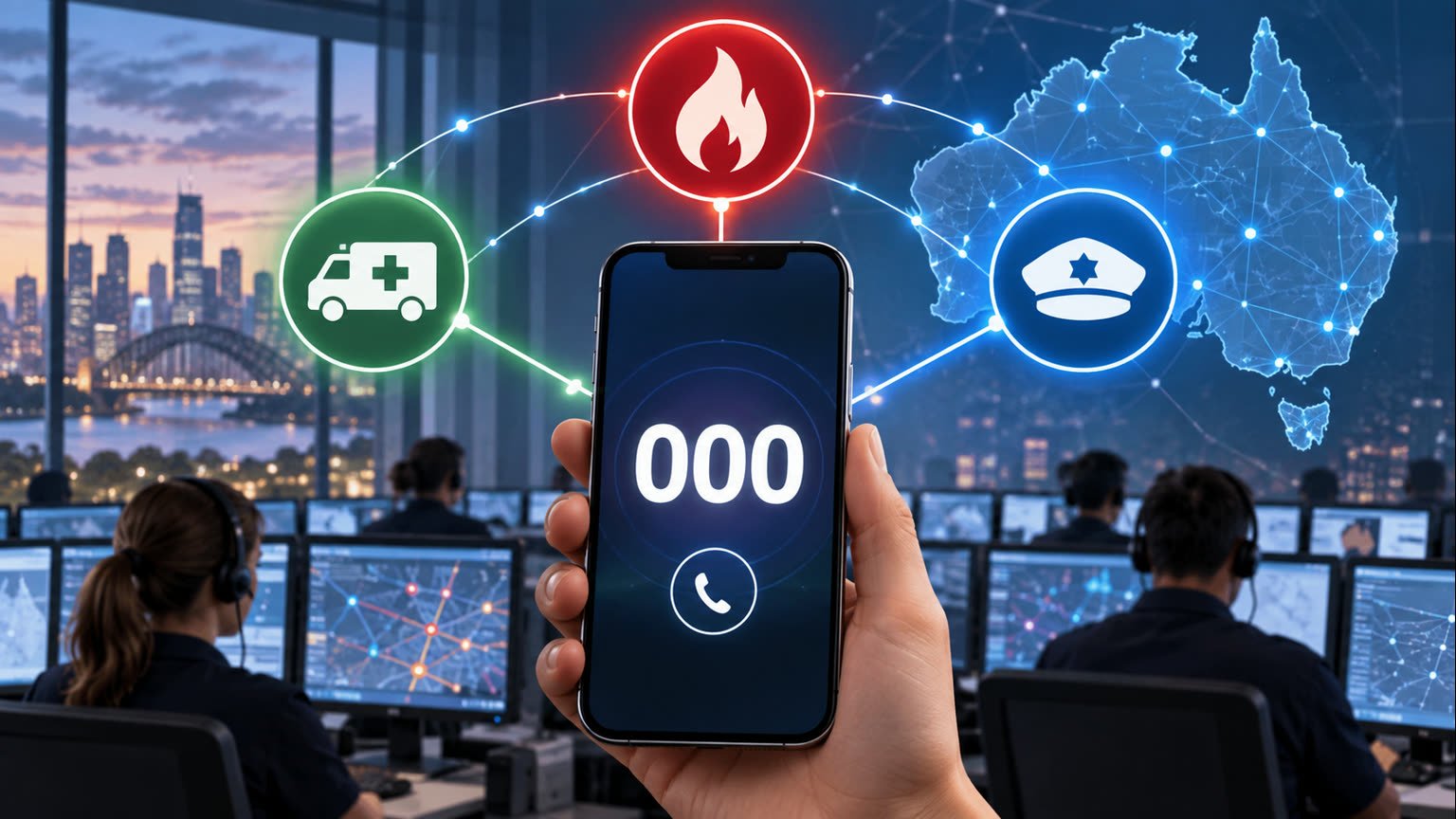 AI-generated conceptual illustration of a 000 emergency call connecting to a resilient Australia-wide response network