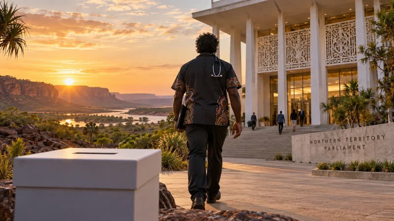 AI-generated editorial illustration of a fictional Indigenous Australian health professional walking toward Northern Territory Parliament.