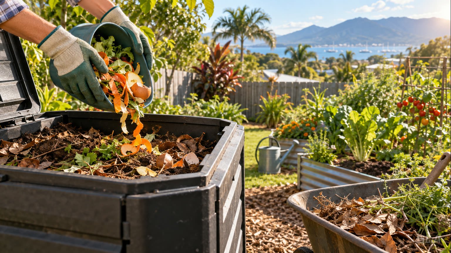 AI-generated editorial illustration of kitchen scraps being added to a backyard compost bin beside a healthy garden