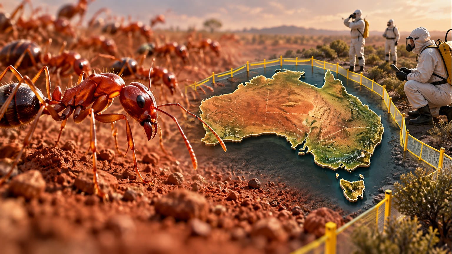 AI-generated biosecurity illustration of red fire ants approaching an abstract Australian map monitored by fictional workers