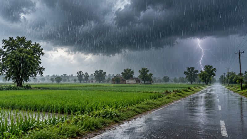 AI-generated editorial illustration of heavy rain and distant lightning over Punjab agricultural fields